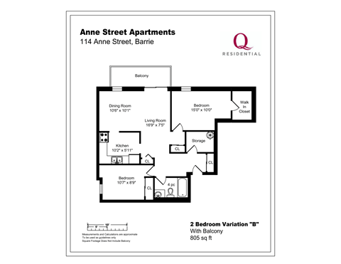 Floor plan for 2 beds, 1 bath, 805 sqft